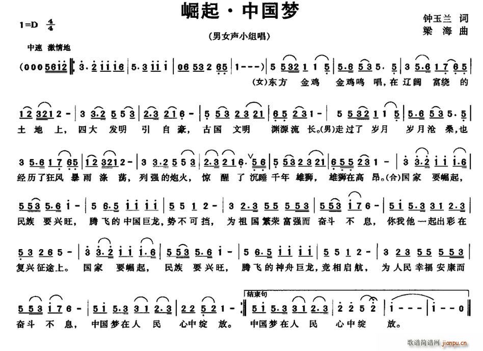 梁海 钟玉兰 《崛起 中国梦》简谱