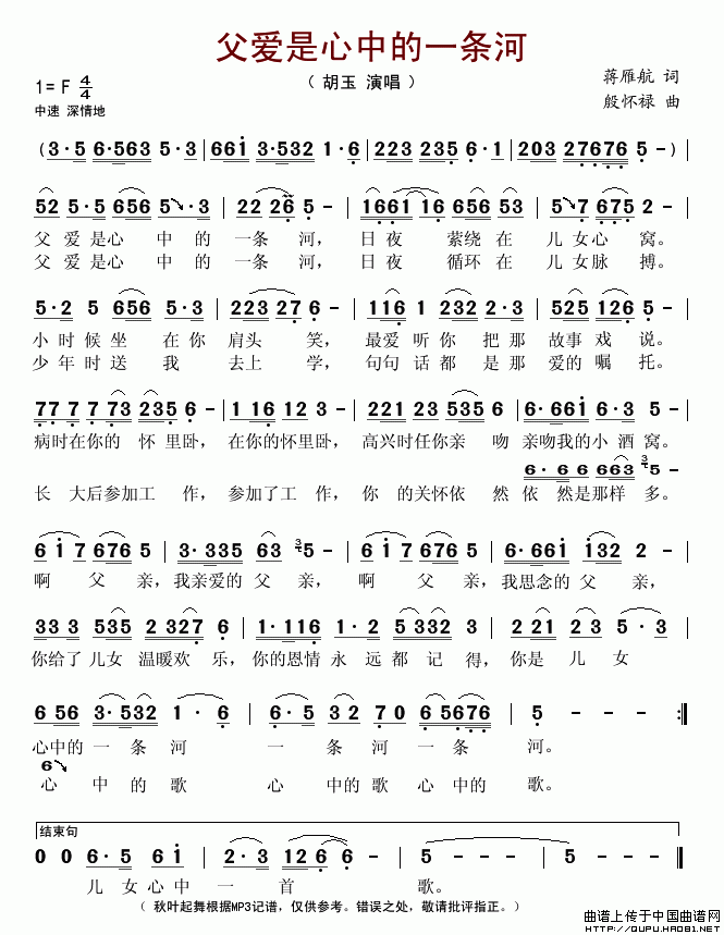 未知 《父爱是心中的一条河》简谱