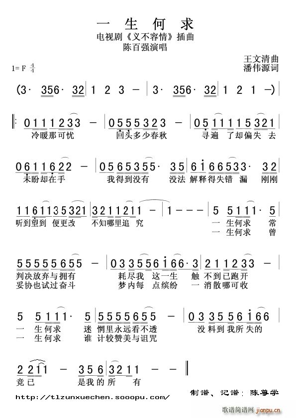 陈百强   王文清 潘伟源 《一生何求 电视剧 义不容情 插曲》简谱