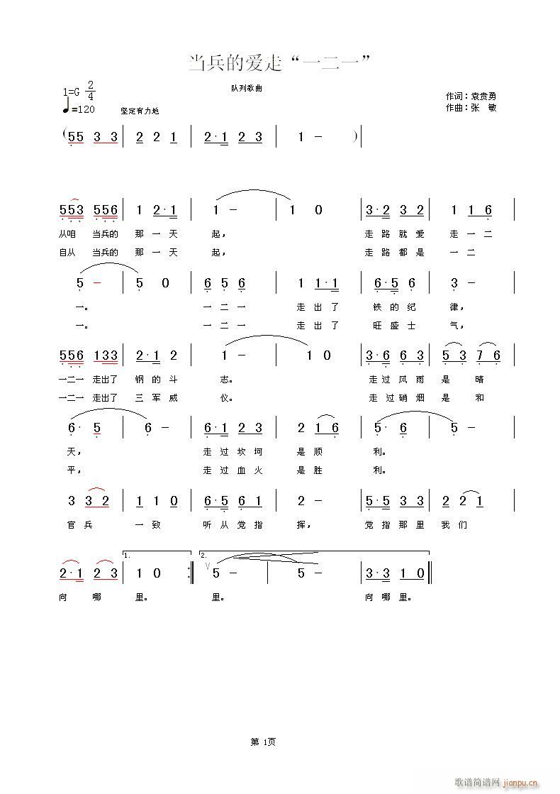 张敏 袁贵勇 《当兵的爱走一二一》简谱