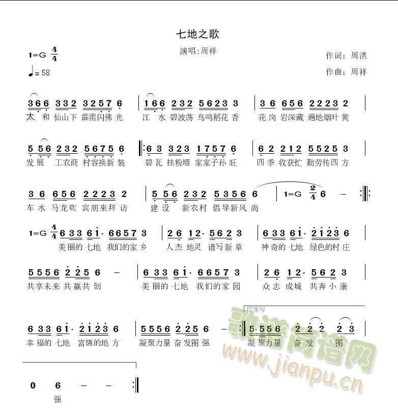 周祥   《七地之歌》是由七地的本土歌手周祥作曲演唱，周洪作词，主要讲述了七地的家乡之美，建设新农村的风貌。倡导新风尚的理念，邻里相互和谐，为建设小康家园凝聚力量，共赢共创。 《七地之歌》简谱