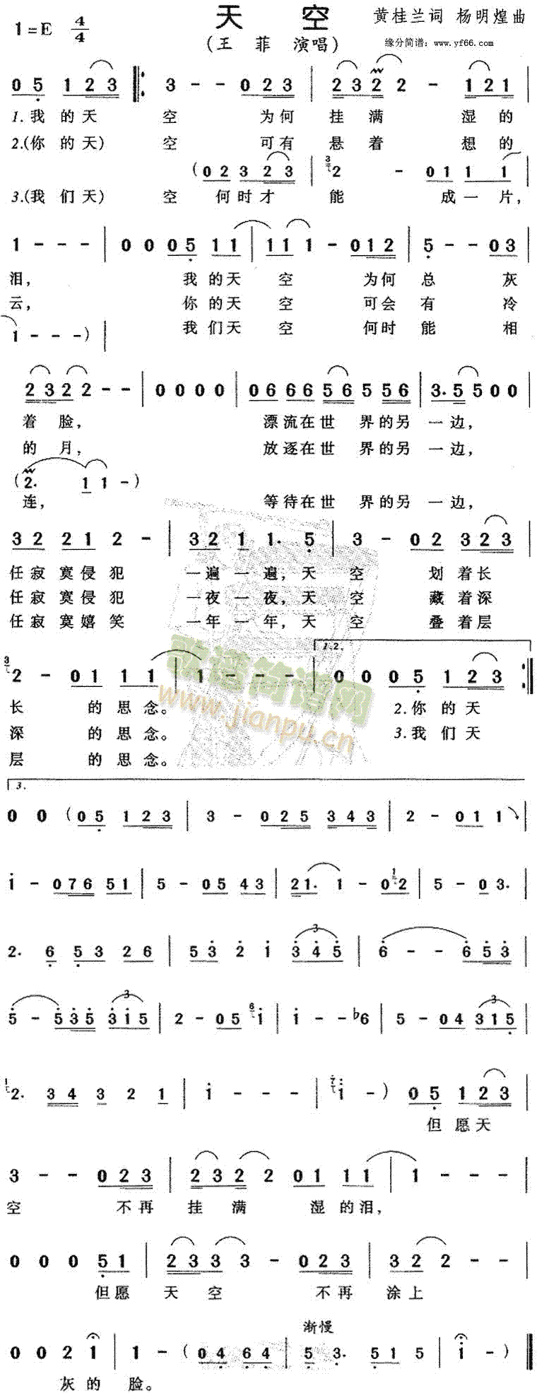 王菲 《天空》简谱