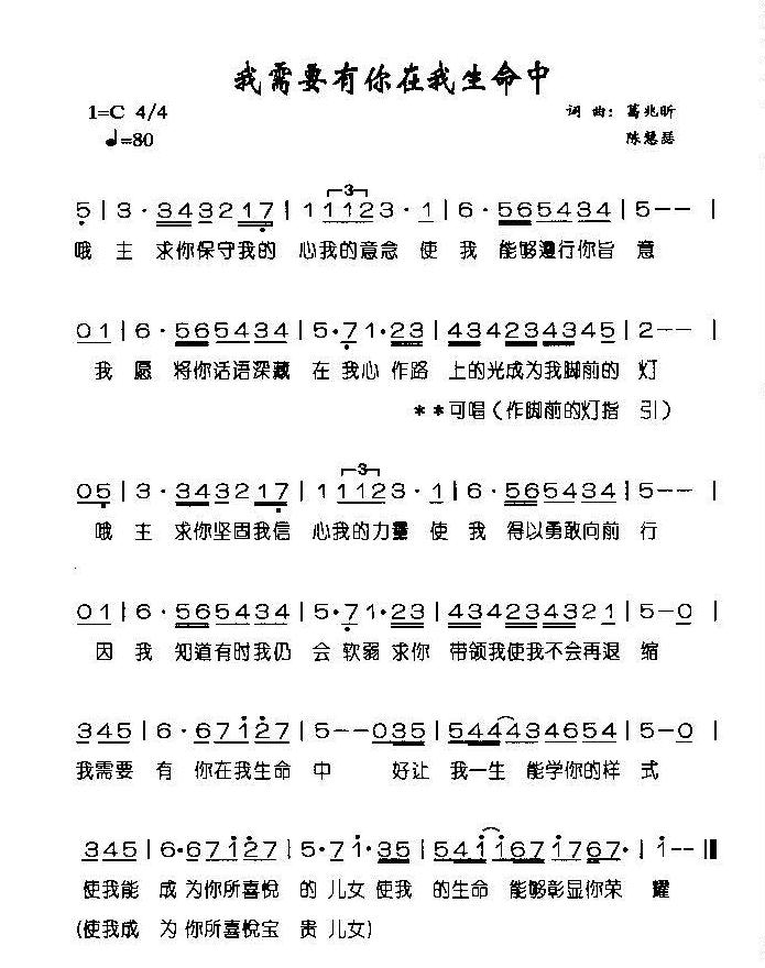 未知 《我需要有你在我生命中》简谱