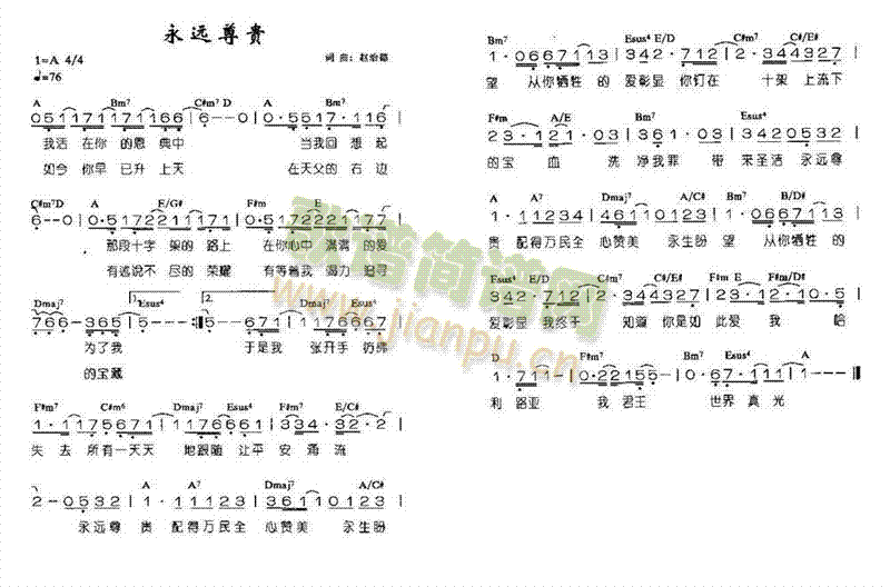 未知 《永远尊贵》简谱