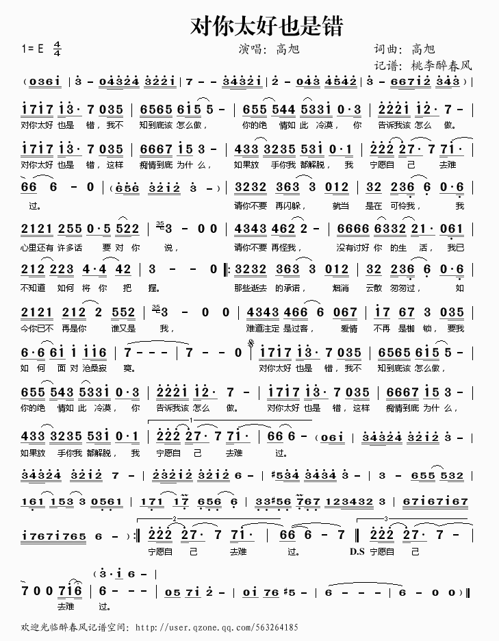 高旭 《对你太好也是错》简谱