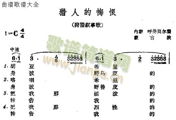 未知 《猎人的悔恨》简谱