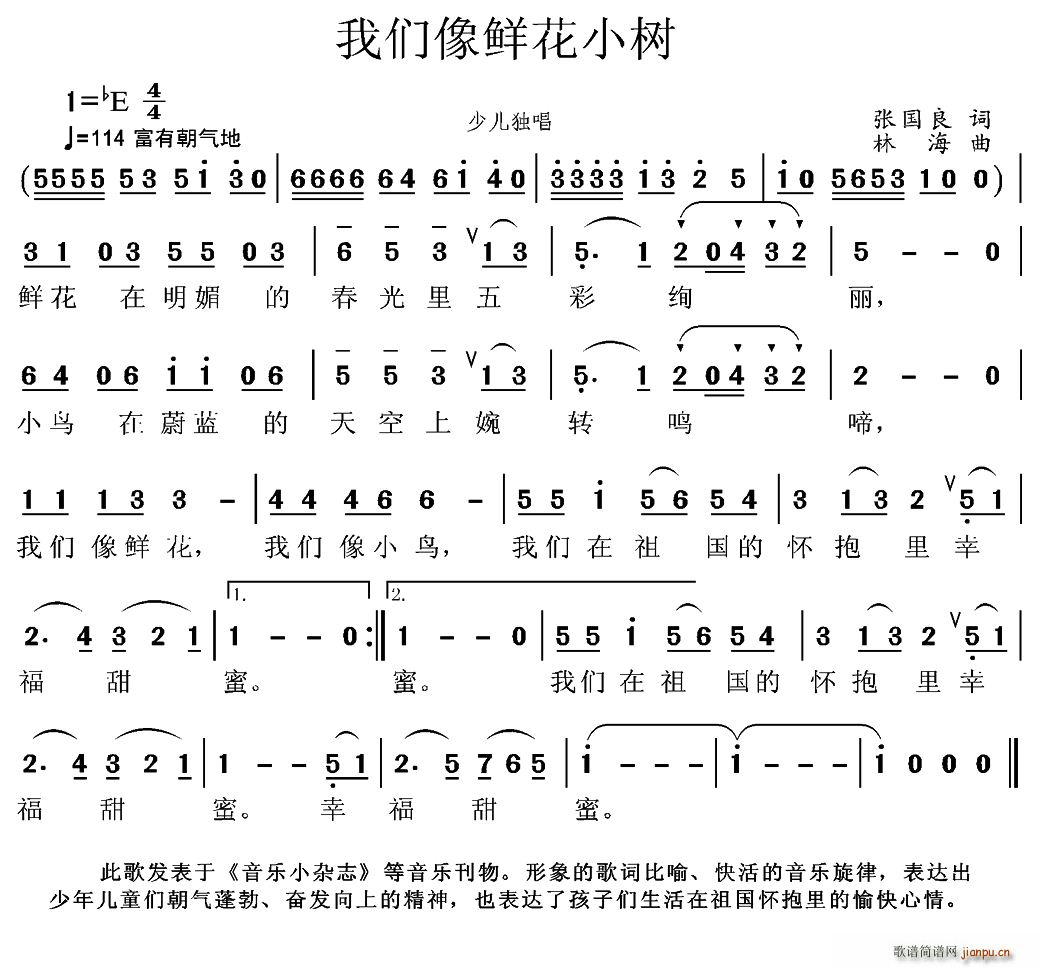 张国良 《我们像鲜花小树》简谱