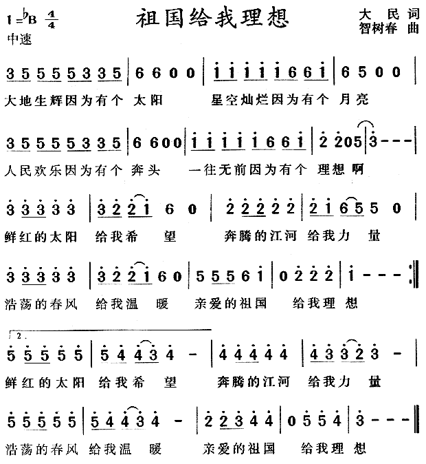 未知 《祖国给我理想》简谱