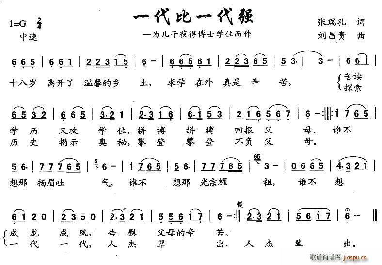 张瑞孔 《一代比一代强》简谱