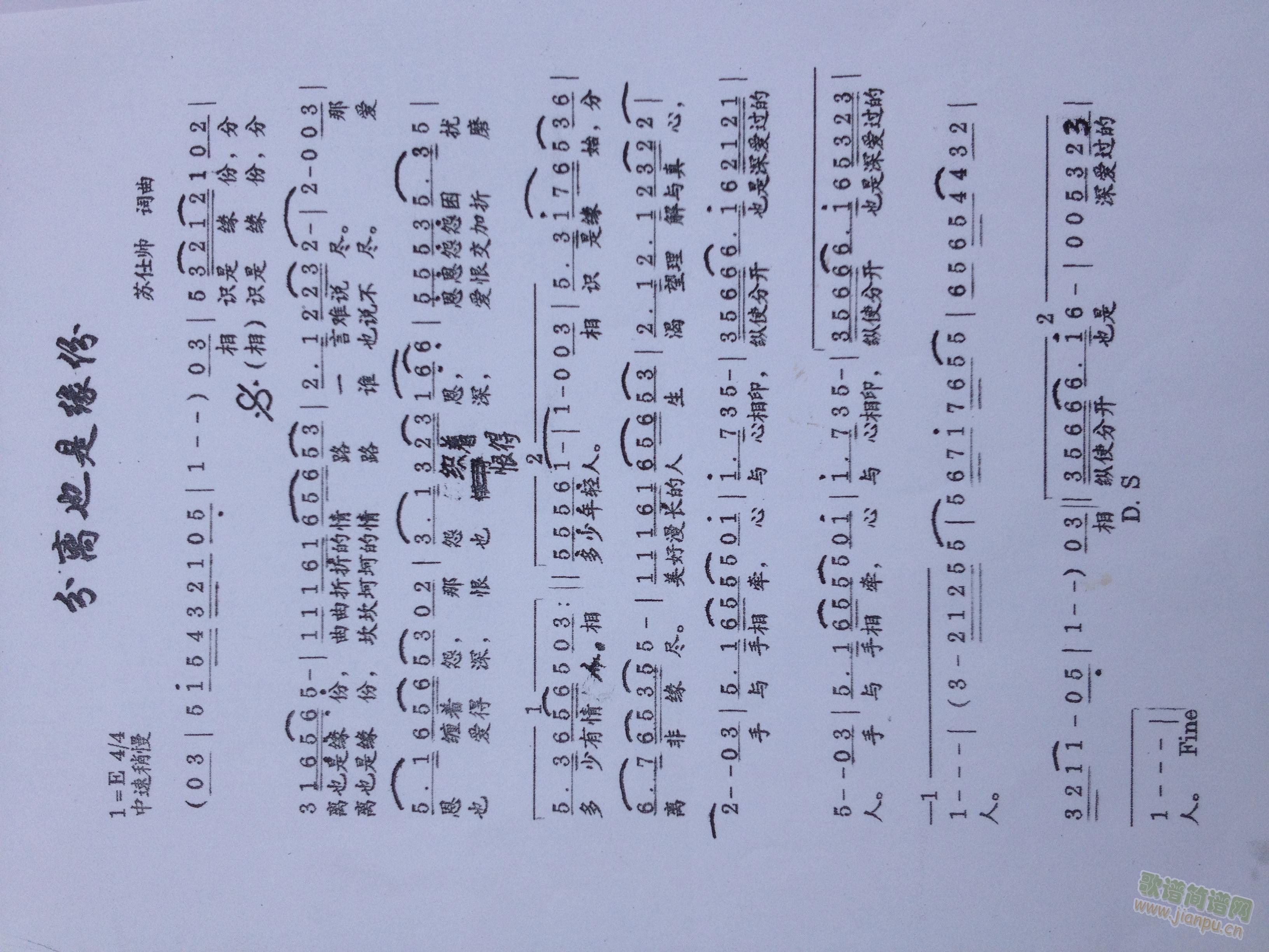 苏仕帅   手写 《分离也是缘分》简谱