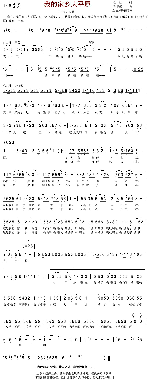王丽达 《我的家乡大平原》简谱