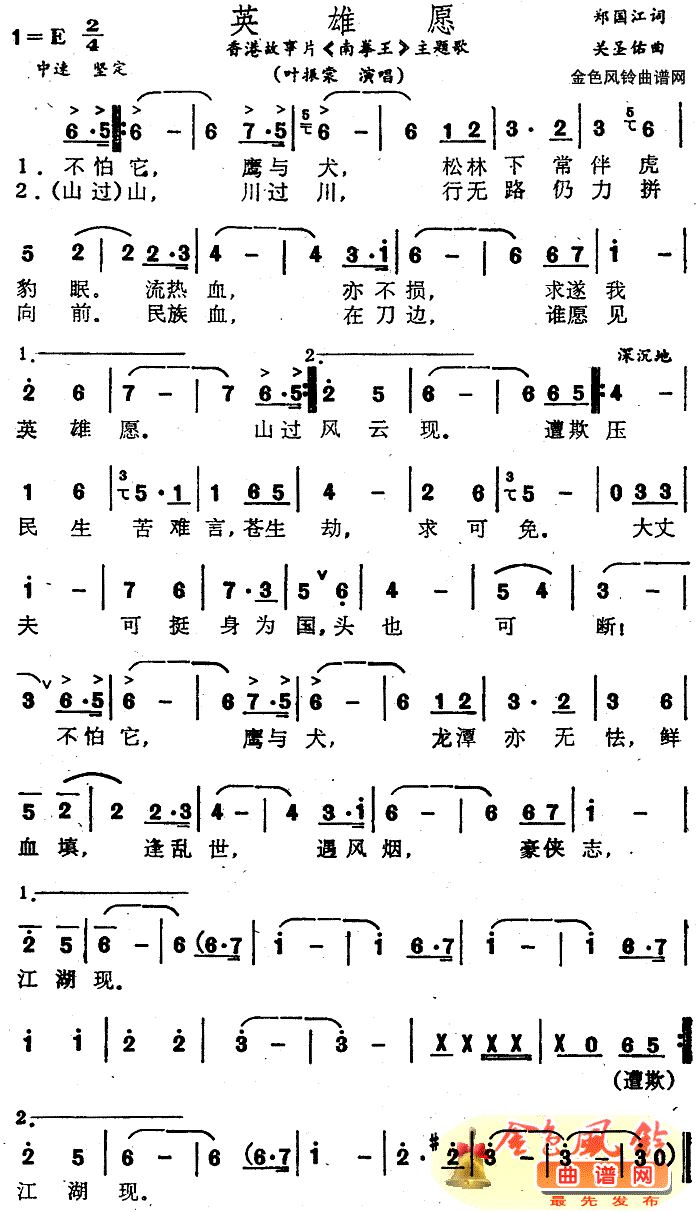 叶振棠 《南拳王》简谱