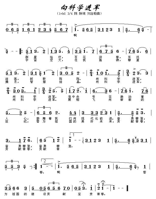 未知 《向科学进军》简谱