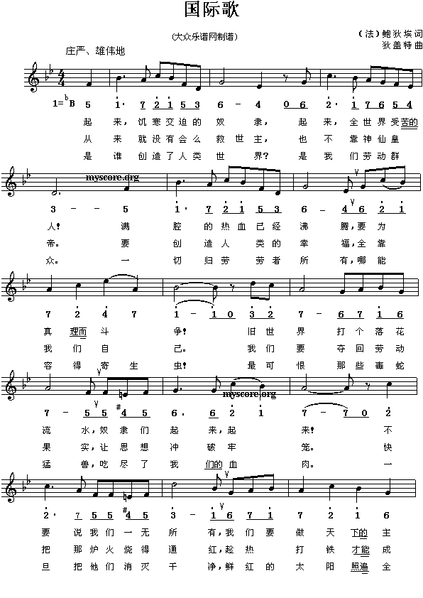 未知 《(法)鲍狄埃：国际歌》简谱