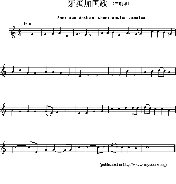 未知 《各国国歌：牙买加（Ameriacn Anthem sheet music:Jamaica）》简谱