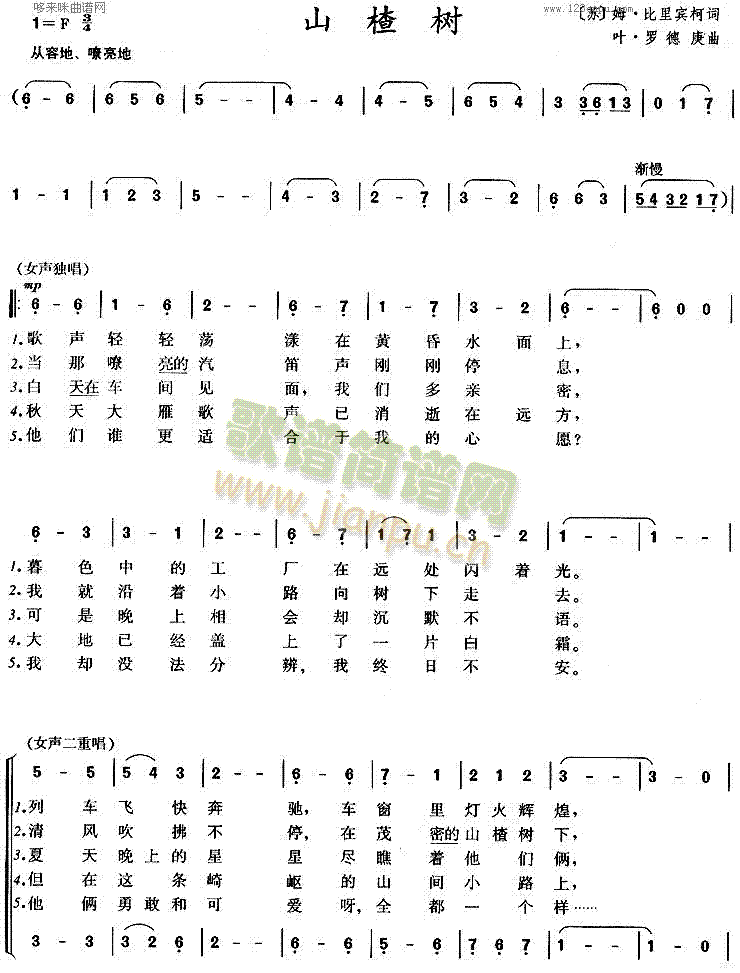 未知 《山楂树》简谱