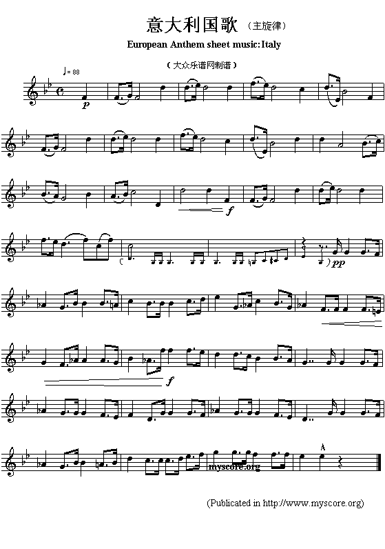 未知 《欧洲各国国歌曲谱：意大利（European Anthem sheet music:Italy）》简谱