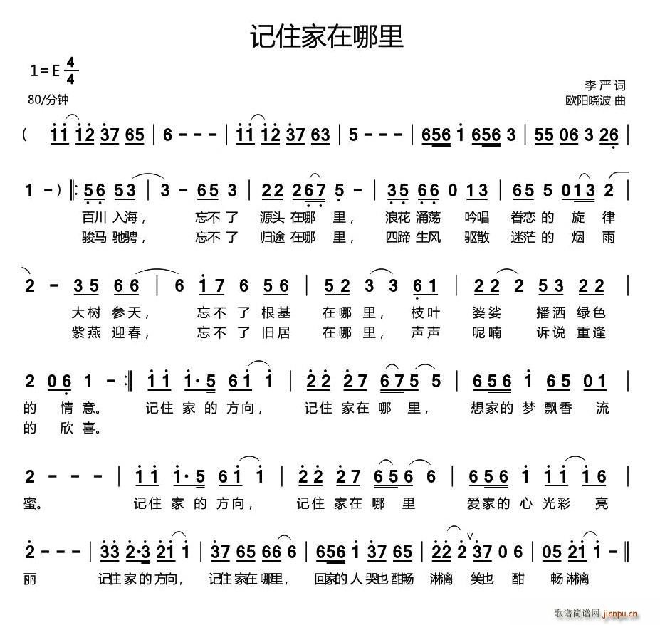 李严 《记住家在哪里》简谱