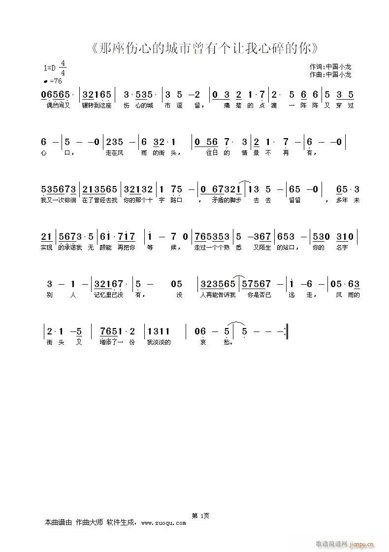 未知 《那座伤心的城市曾有个让我心碎的你》简谱