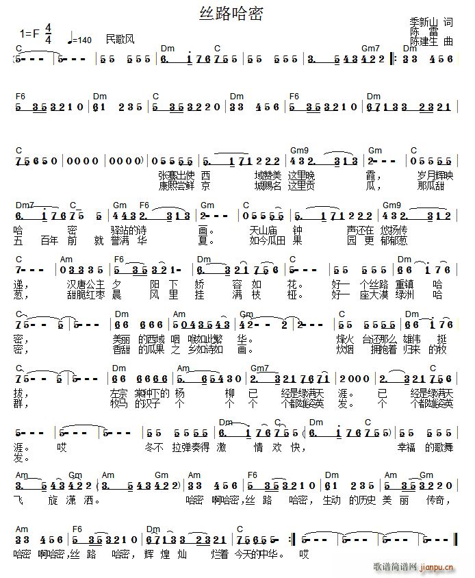 陈建生 季新山 《丝路哈密（季新山词 陈雷 陈建生曲）》简谱