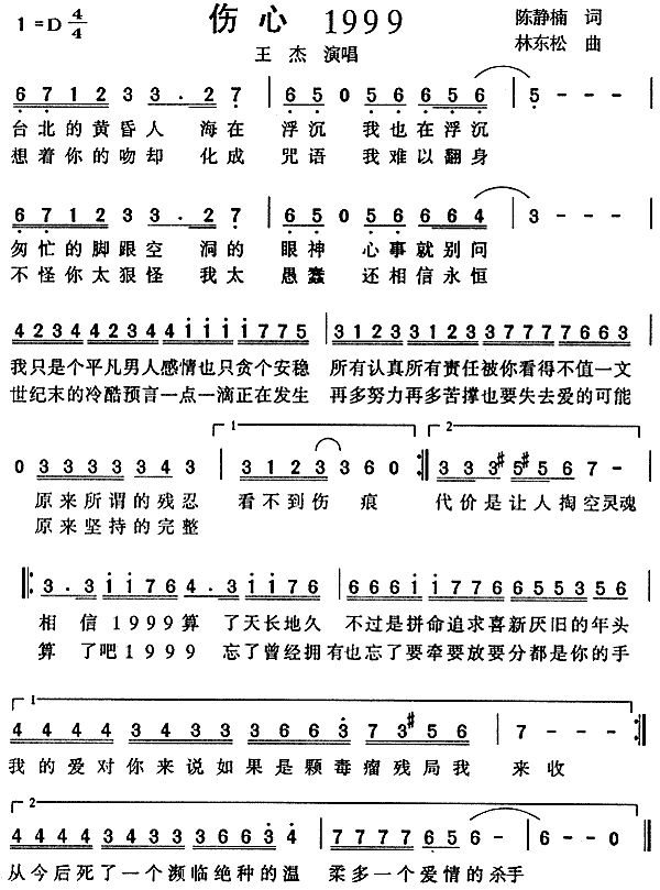 未知 《伤心1999》简谱