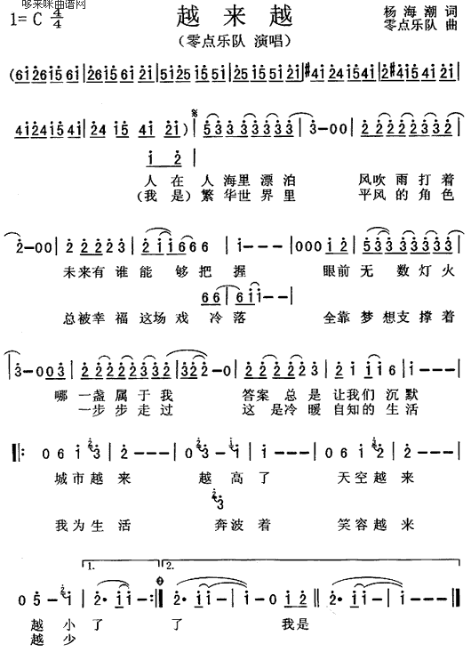 未知 《越来越(零点乐队)》简谱