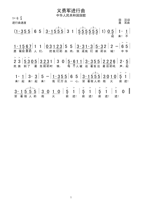 未知 《义勇军进行曲》简谱