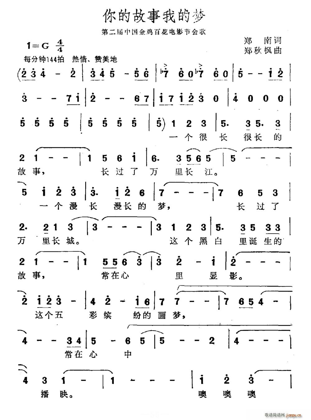 郑南 《你的故事我的梦（第二届金鸡百花电影节会歌）》简谱