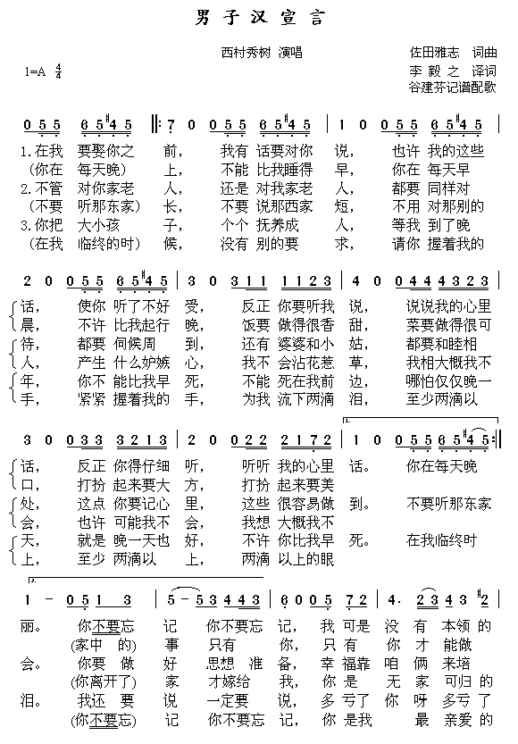 西村秀树 《男子汉宣言》简谱