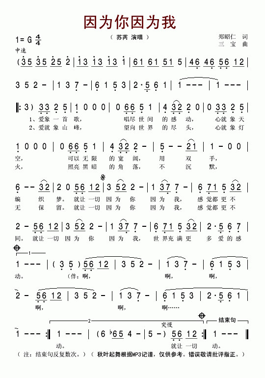 苏芮 《因为你因为我》简谱