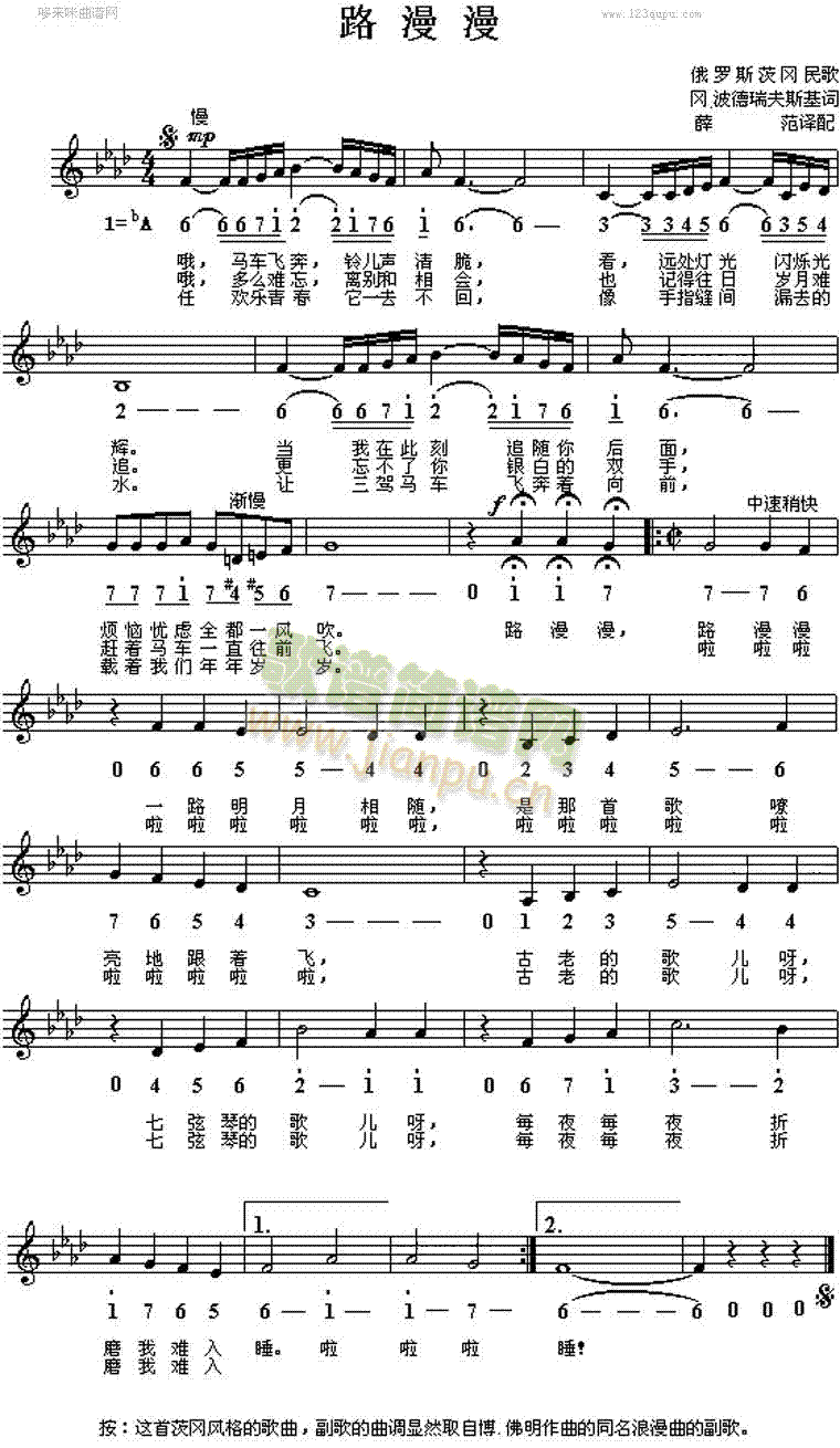 未知 《路漫漫(俄罗斯民歌)》简谱