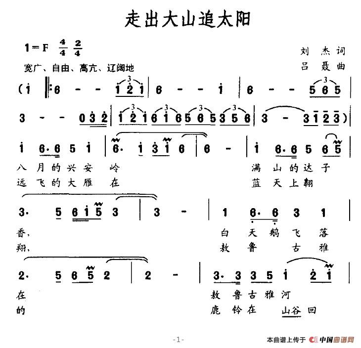 作词：刘杰作曲：吕聂 《走出大山追太阳》简谱