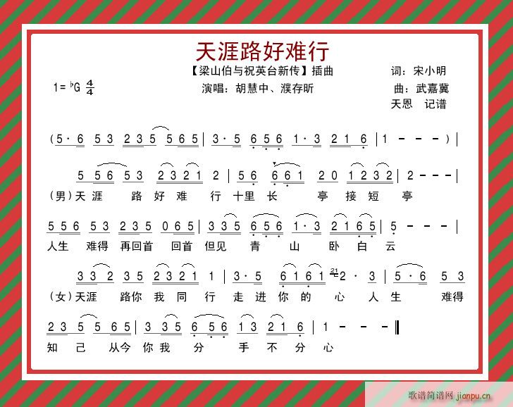 胡慧中 濮存昕 《电影 梁祝新传 插曲之 天涯路好难行》简谱