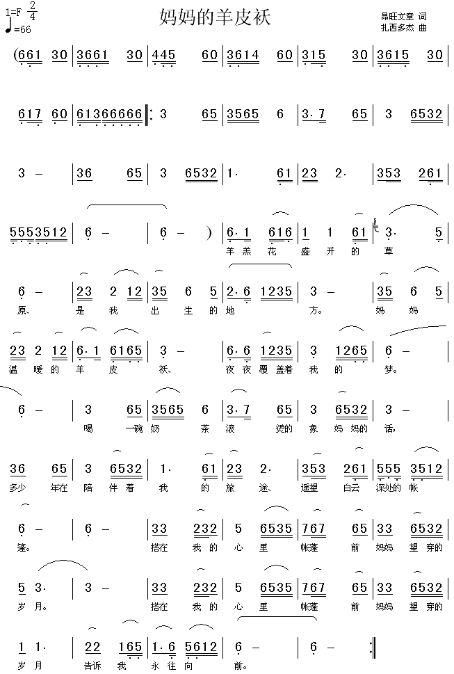 未知 《妈妈的羊皮袄》简谱