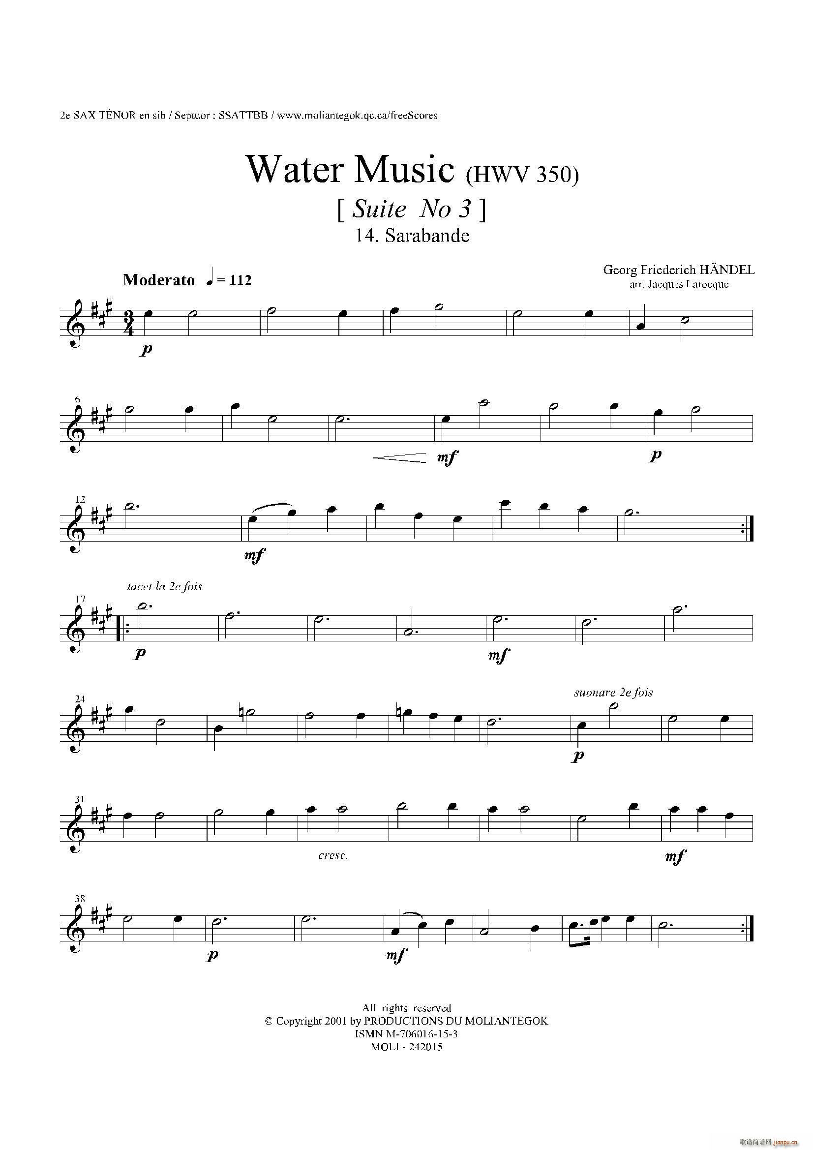 未知 《Water Music（HWV 350 No 3）（第二次中音萨克斯）》简谱