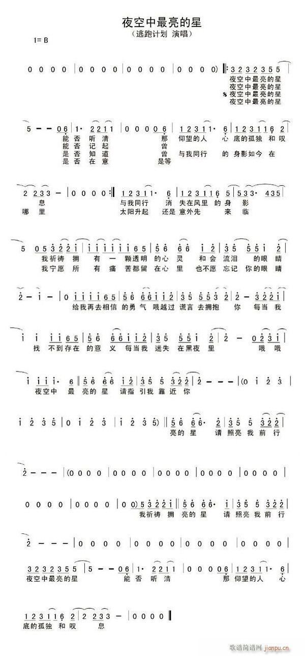 逃跑计划 《夜空中最亮的星》简谱