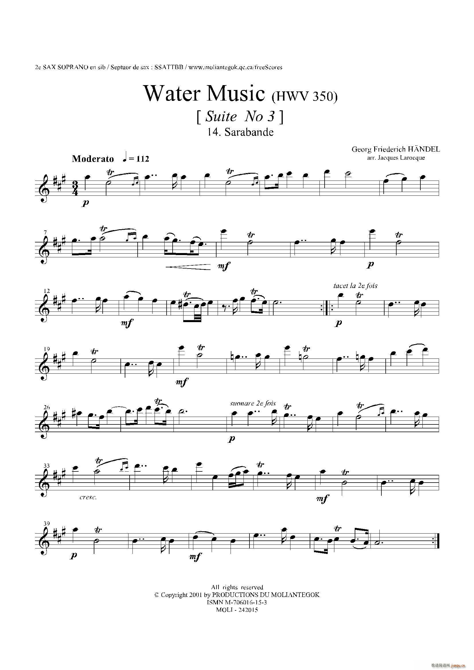 未知 《Water Music（HWV 350 No 3）（第二高音萨克斯）》简谱