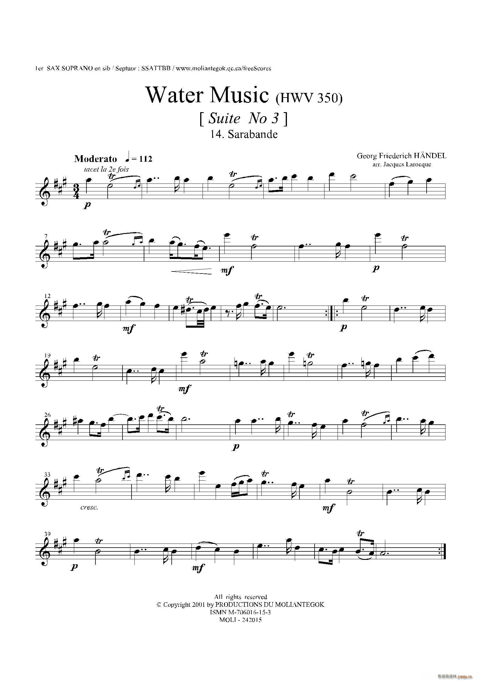 未知 《Water Music（HWV 350 No 3）（第一高音萨克斯）》简谱