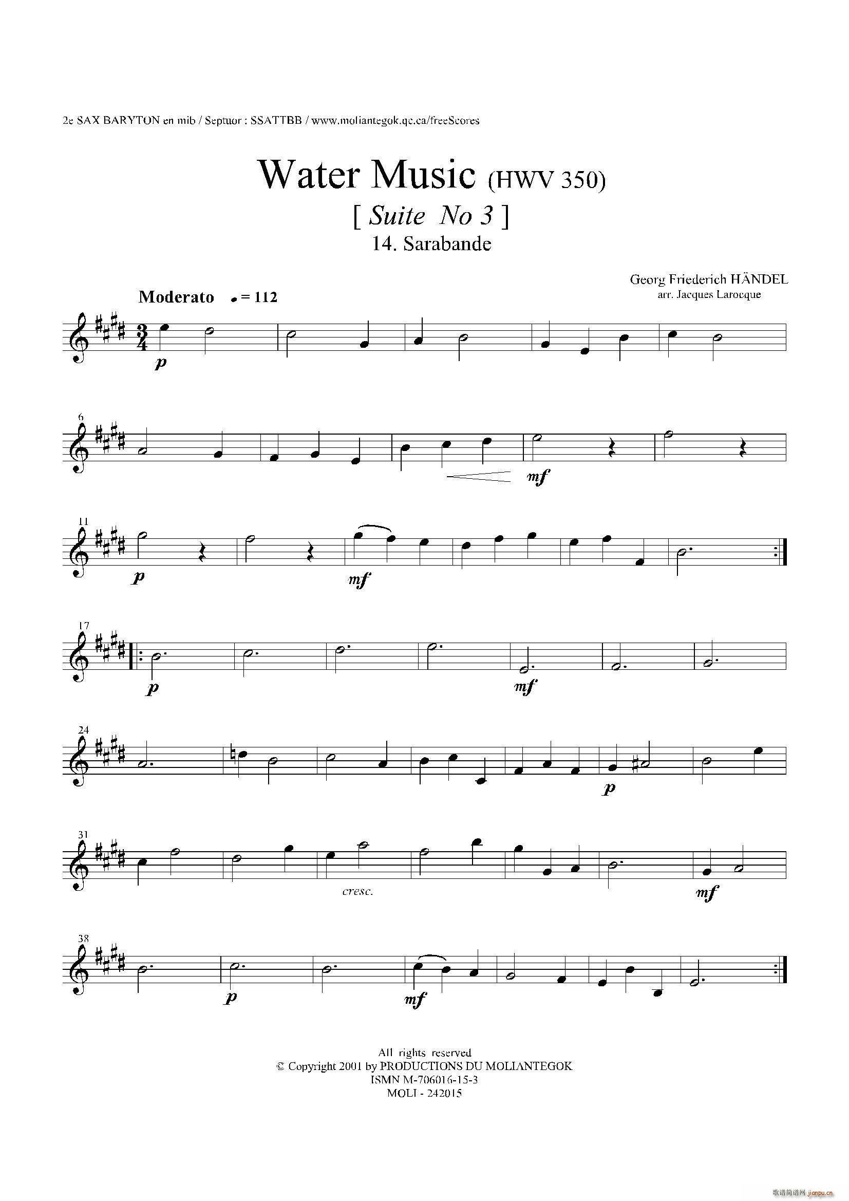 未知 《Water Music（HWV 350 No 3）（第二上低音萨克斯）》简谱