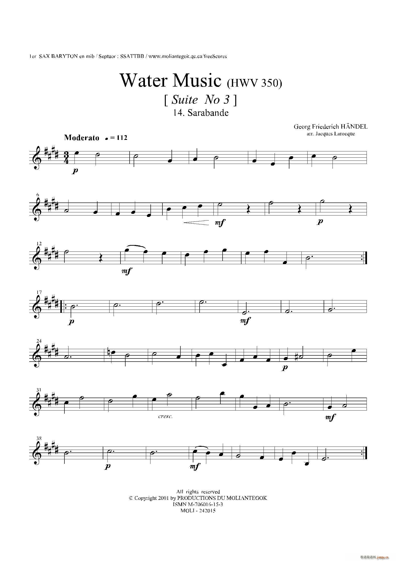 未知 《Water Music（HWV 350 No 3）（第一上低音萨克斯）》简谱