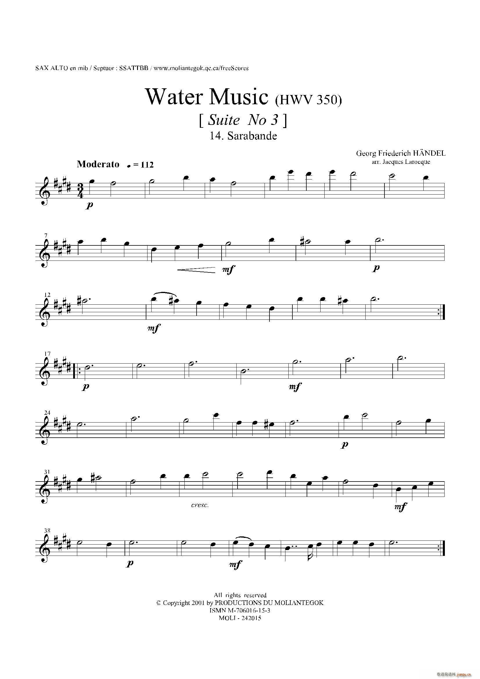 未知 《Water Music（HWV 350 No 3）（中音萨克斯）》简谱