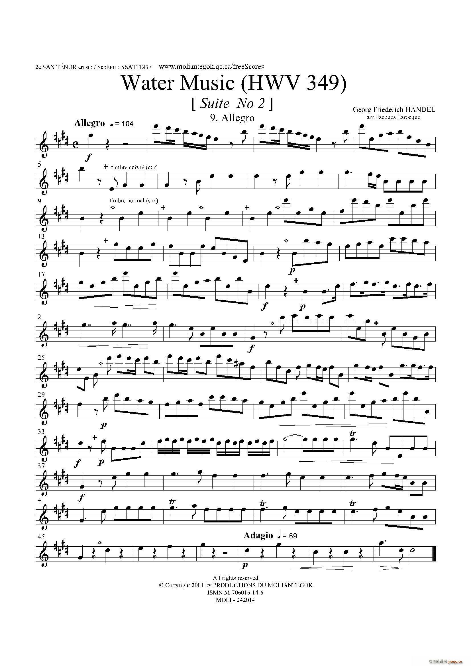 未知 《Water Music（HWV 349 No 2）（第二次中音萨克斯）》简谱