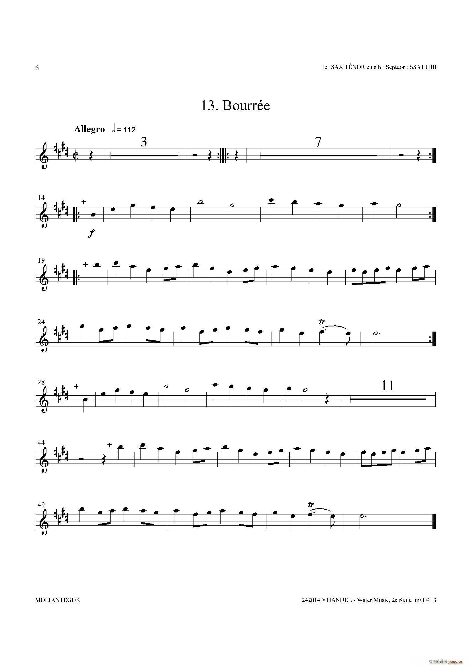 未知 《Water Music（HWV 349 No 2）（第一次中音萨克斯）》简谱