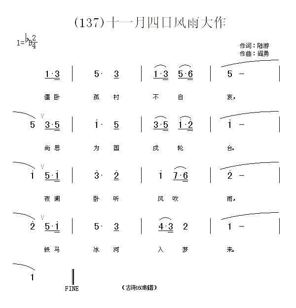 未知 《十一月四日风雨大作　(宋)陆游》简谱