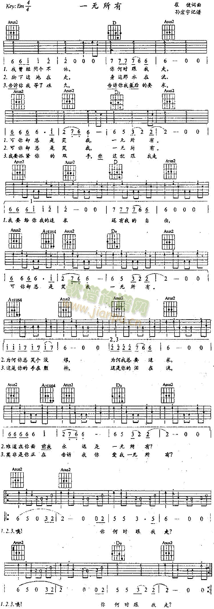 未知 《一无所有》简谱