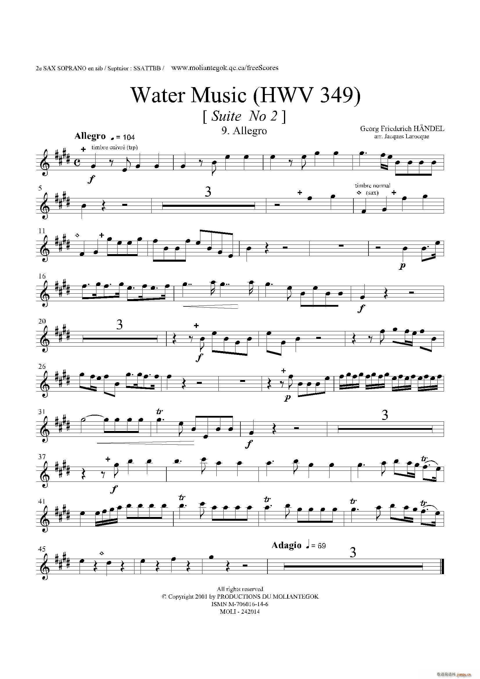 未知 《Water Music（HWV 349 No 2）（第二高音萨克斯）》简谱