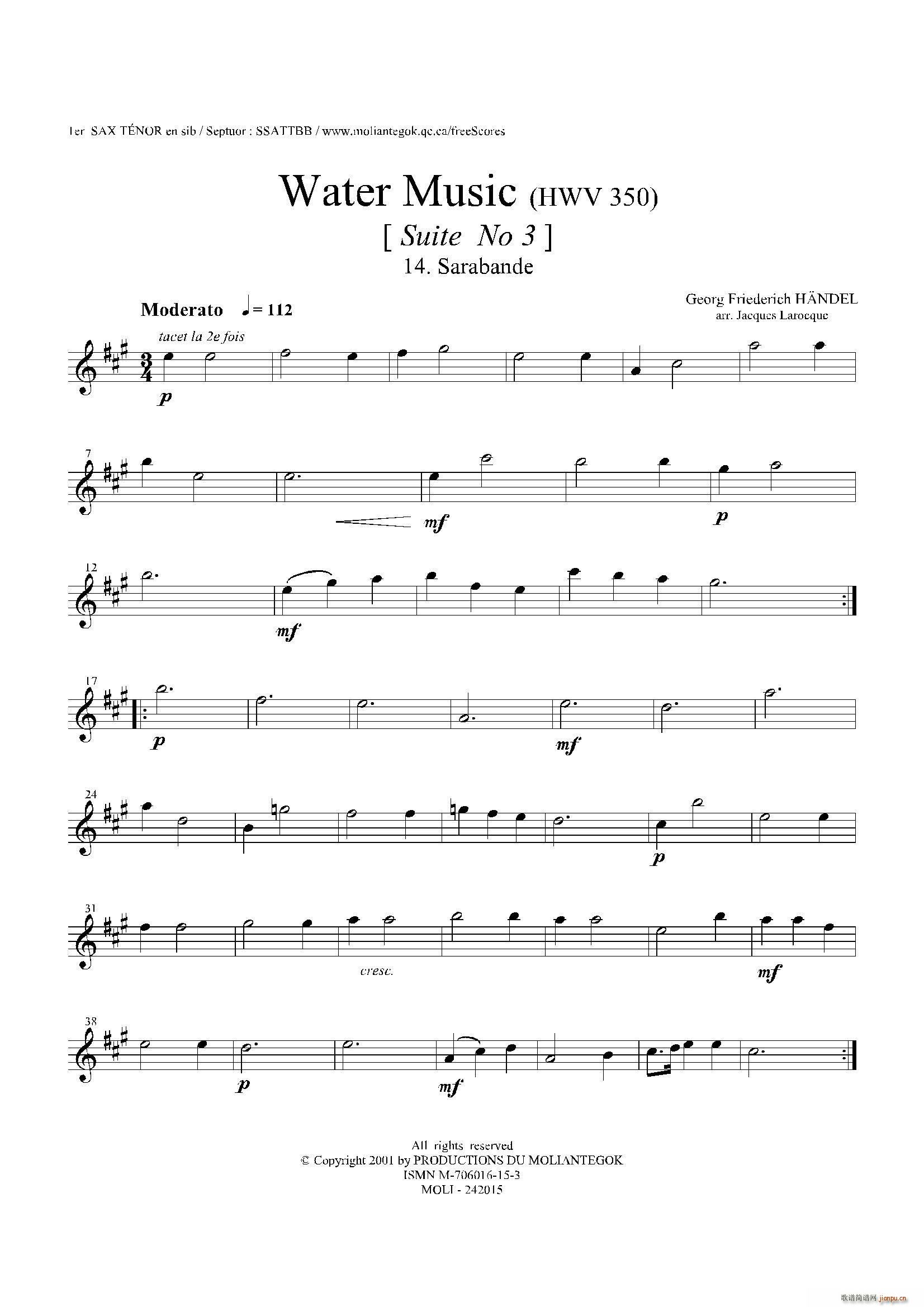 未知 《Water Music（HWV 350 No 3）（第一次中音萨克斯）》简谱