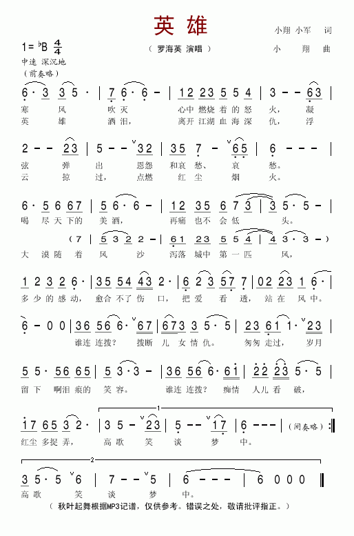 罗海英 《英雄》简谱