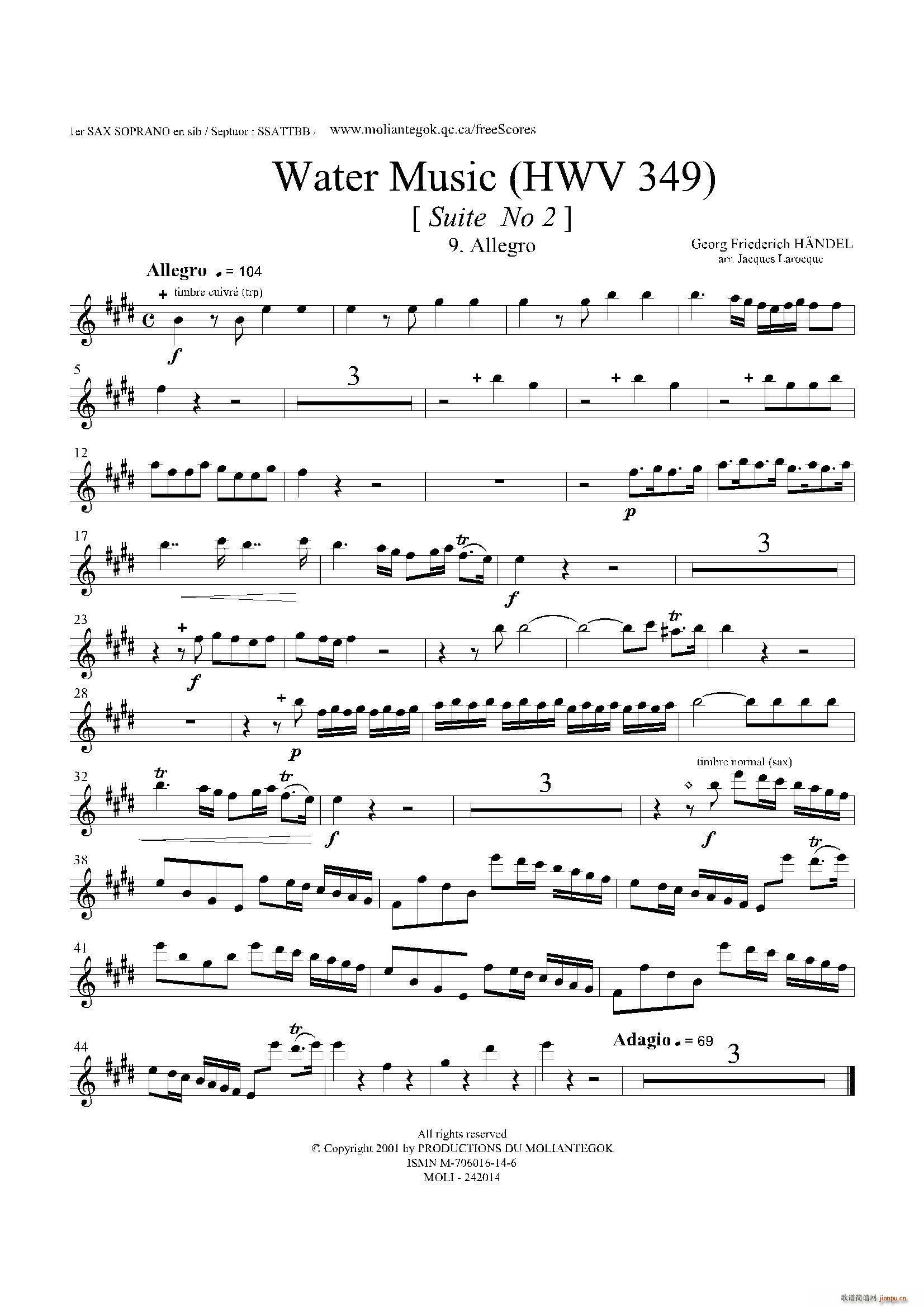 未知 《Water Music（HWV 349 No 2）（第一高音萨克斯）》简谱