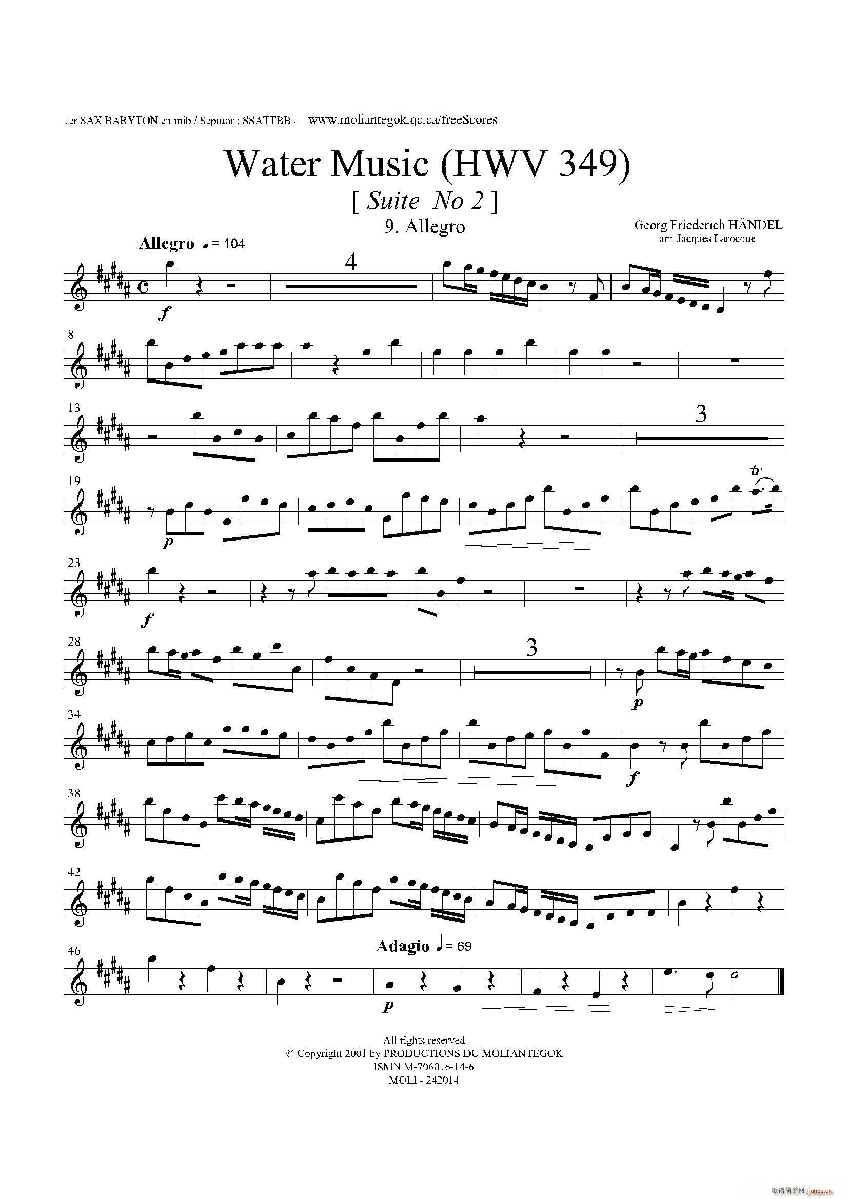 未知 《Water Music（HWV 349 No 2）（第一上中音萨克斯）》简谱